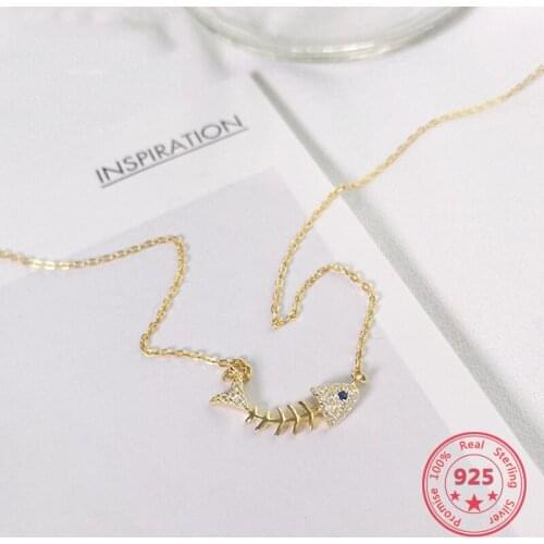 Korea Hot Style Pure 925 Silver Necklace for Women Delicate Fashion Gold Ocean Fish Bone Pendant Necklace Jewelry