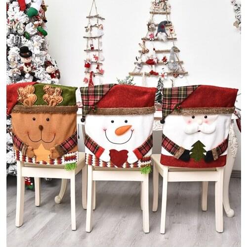 1Pcs Christmas Santa Snowman Elk Chair Covers Dinner Flannel Chair Xmas Cap Sets Dinner Table Hat Chair Back Covers