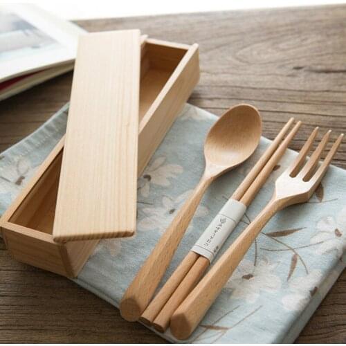 3PCS Wood chopsticks spoon set Japanese portable wooden cutlery tableware tableware box fork spoon chopsticks travel cutlery set