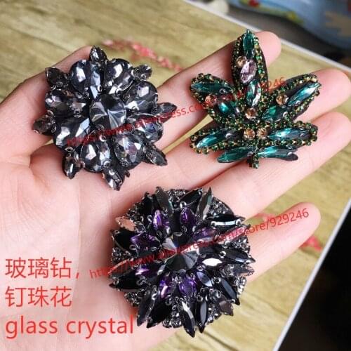 3pcs/lot grey glass crystal beaded patch for garments dress hat shoes decoration dark purple strass applique green flower patch