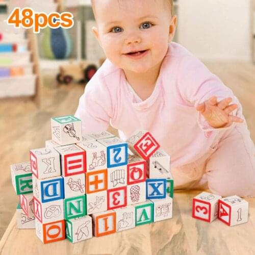 48pcs/set Childrens Wooden Alphanumeric Pattern Building Blocks Printed Blocks Blocks Early Education Cognitive Toys For Kids