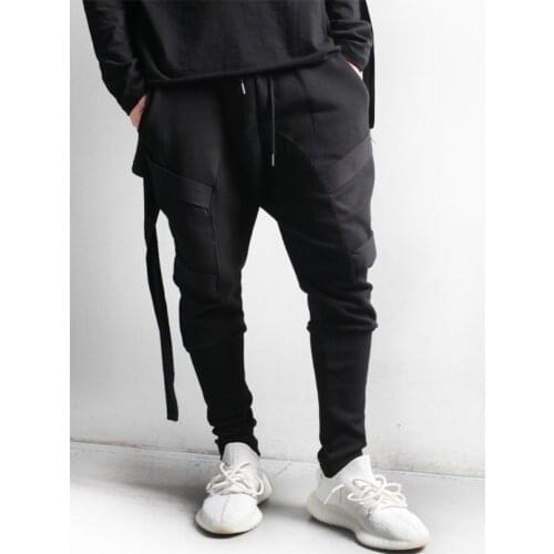 Mens small pants personality slim ribbon hair stylist fashion trend urban youth black large size personality Harlan pants