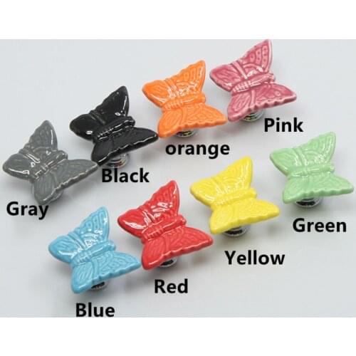Cololful ceramic butterfly knob lovely cartoon children room handle blue black red yellow orange Chrome drawer shoe cabinet knob