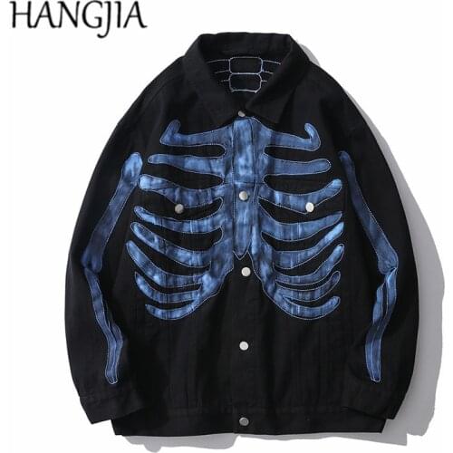 Hip Hop Hand-painted Skeleton Denim Jackets Black Blue Embroidery Jeans Jackets Streetwear Personality Punk Jacket Outwear Men