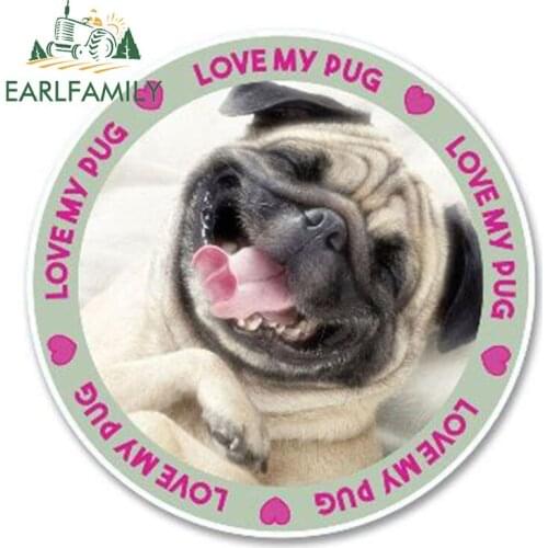 EARLFAMILY 13cm x 13cm Funny Cute Tan Pug Dog Vinyl Sticker LOVE MY PUG Car Styling Laptop Travel Luggage Waterproof Car Sticker