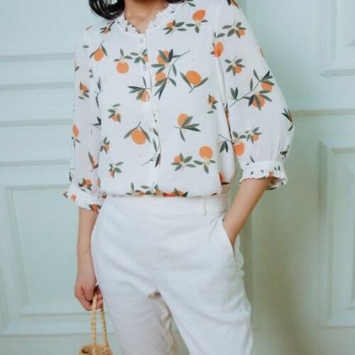 ElfStyle Women Newest Cotton Orange Printed Ruffled Neck Blouse Shirt Top With Elbow Sleeve