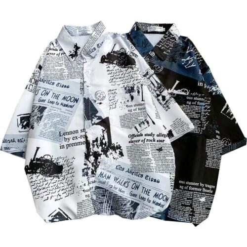 Newspaper Printed Hawaiian Beach Shirt for Men 2020 Summer Short Sleeve 3XL Aloha Shirts Mens Holiday Vacation Clothing Chemise
