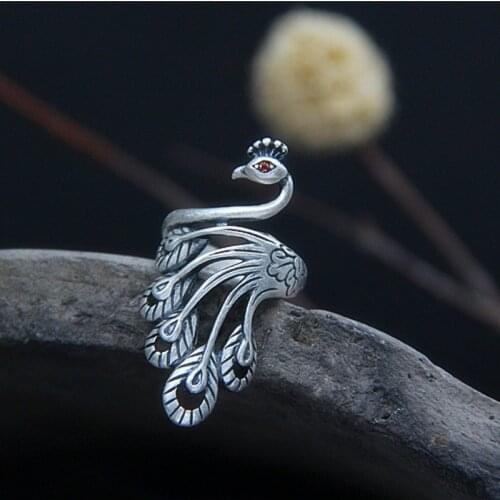 Fine 999 Sterling Silver Ring Band 25x43.8mm Peacock Figure Ring Size Adjustable (US5-10)