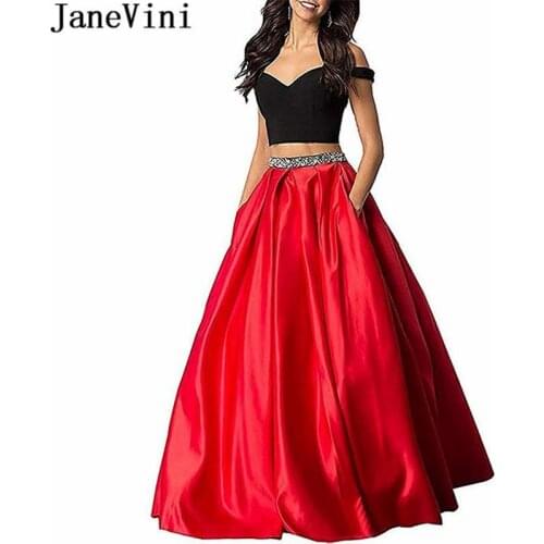 JaneVini Red Two Piece Prom Dress Long Beaded Waist Crop Top Satin Evening Gowns with Pockets Girls A Line Green Party Wear 2019