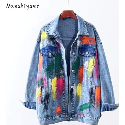 Korean Mid-length Loose Color Graffiti Denim Jacket Women Oversized Blue Jean Coat Female Jaqueta Casual Autumn 2021 New Fashion