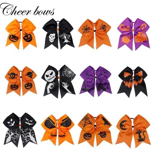 7" Cheer Bows Pumpkin Printed Ribbon Hairbows Girls Halloween Party Hair Band Handmade Hair Tie Ponytail Hair Accessories