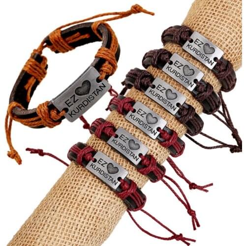 Fashion Vintage Ethnic KURDISTAN Alloy Charm Bracelet EZ Heart Love Retro Genuine Leather Wristband Bangle for Men Women Jewelry