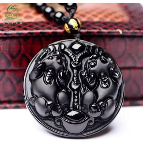 Natural Obsidian Two Brave Troops Pendant Jewelry Fine Jewelry Brave Troops Round Brand Transfer Security Crystal Pendant