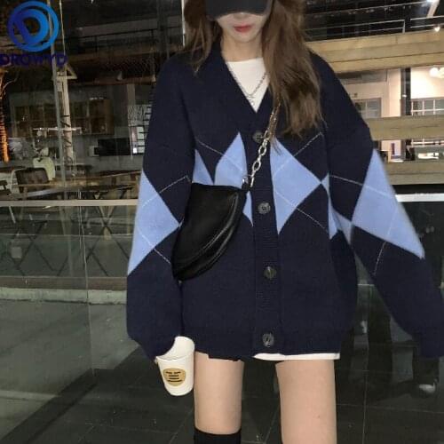 2021 Autumn and Winter British Style Diamond Lattice Knit Cardigan Sweater Women Loose and Lazy V-neck Mid-length Coat Sweater