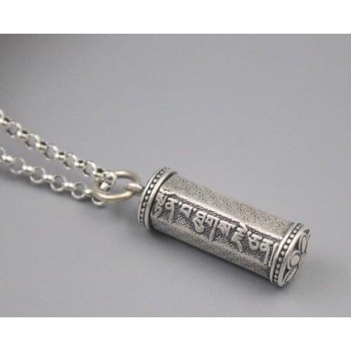 Pure 925 Sterling Silver 37*11mm Bless Lucky Mantra Pattern Column Box Pendant For Men Women Gift