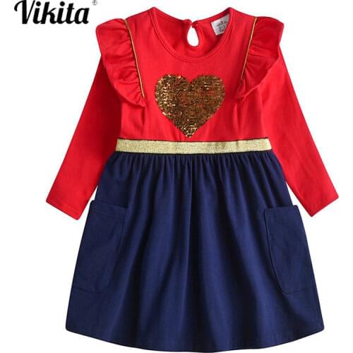 VIKITA Children Girls Dresses Heart Applique Kids Dress Long Sleeve Red Dress Christmas Dress Girl Autumn Winter Sequins Dresses