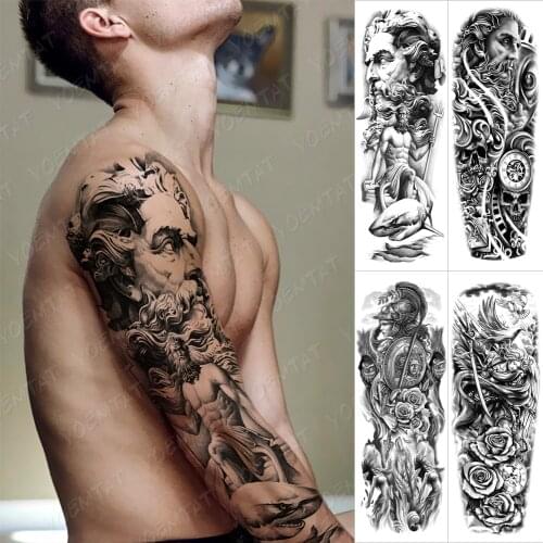 Waterproof Temporary Full Arm Tattoo Sticker Zeus Ancient Greek Poseidon Black Flash Tatoo Man Body Art Fake Sleeve Tatto Female