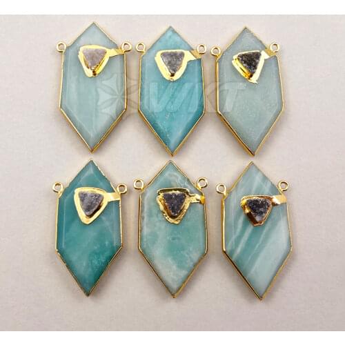 WT-P1243 Wholesale fashion jewelry natural stone pendant double loops terminal block pendant with gold plating six-sided