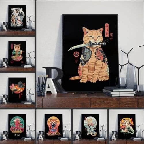 Japanese Samurai Cat Ramen Nostalgia Canvas Paintings Cartoon Animal Posters and Prints Wall Art Pictures for Home Decoration