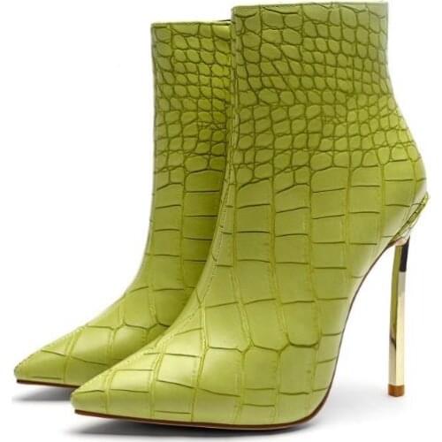 Sexy Grass Green Color Pointed Toe Ankle Boots For Woman With Snake Serpentine in High Thin Heels Zipper Casual Shoes Ladies