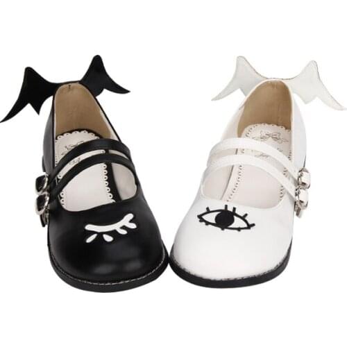 Lolita cool Kawaii wings eye pattern shoes women Round Head Women Shoes Low help Anime Lolita cos Loli shoes Lolita
