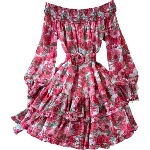 Autumn Red/Blue/Green Women Sexy Slash Neck Floral Mini Dress Elegant Lantern Long Sleeve High Waist Beach Vestidos Female 2021