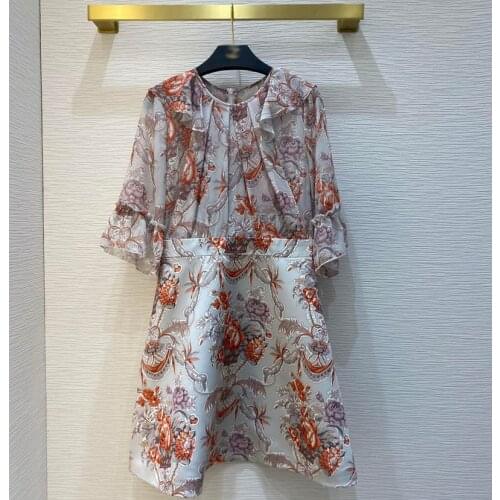 2021 runway spring summer women floral printed half sleeve ruffles mini dresses female o-neck casual dress y393
