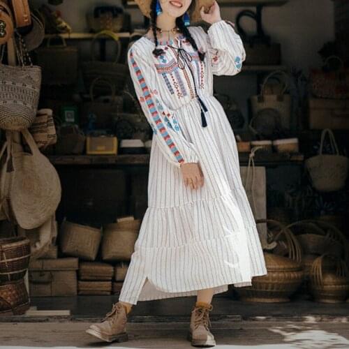 Khalee Yose Floral Embroidery Midi Dress Boho Vintage Chic Autumn Women Dresses Striped Long Sleeve V-neck Tassels Ladies Dress