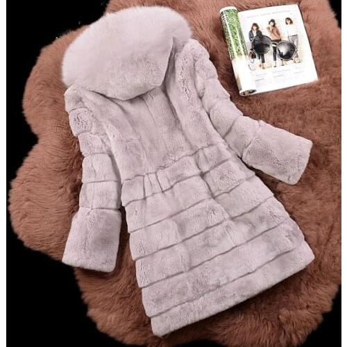 Natural Rex Rabbit Fur Coats Women Hooded With Fox Fur Collar Winter Real Fur Jackets Plus Size