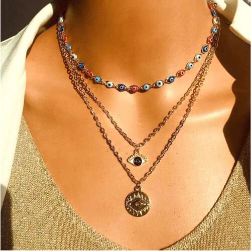 2021 New European Fashion 3 Multi Layer Short Necklace Devil Eye Pendant Necklaces for Women Boho Gold Chain Alloy Jewelry Mujer