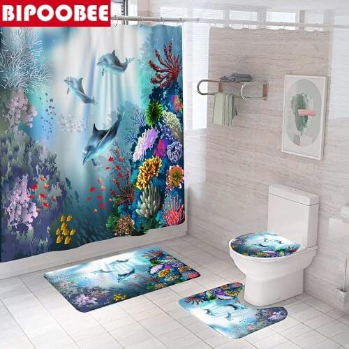 3d Underwater Ocean Animal Shower Curtain Tropical Fish Tropical Fish Bathroom Curtains Pedestal Non-slip Rug Bath Mats