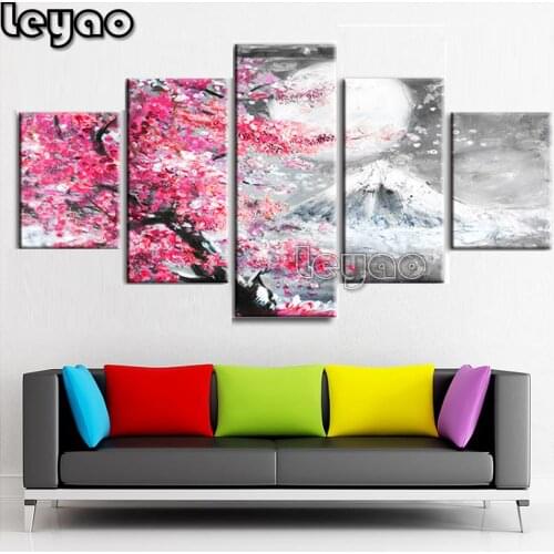 5 pcs DIY Diamond Painting Landscape Pink Mount Fuji Cherry Blossom Diamond Mosaic Full Drill Christmas Picture Of Rhinestones