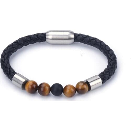 8mm Yellow Tiger Eye Onyx Semi Precious Stone Bead Stainless Steel Charms Genuine Leather Unisex Bracelet Bangle
