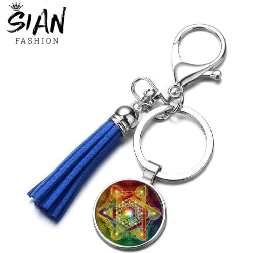 SIAN Metatron Cube Sacred Geometry Keychain Universe Mysteries Flower of Life Chakra Hexagonal Star Time Gem Art Tassel Key Ring