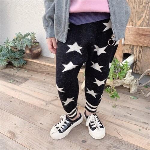New Kids Pants Autumn Winter Pentagram Print Knitted Wool Trousers For Girls Boys Pants Elastic Waist Fashion Sweatpants 2019