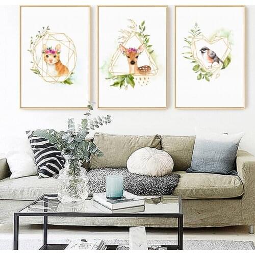 07G Nordic Decorative Watercolor Geometric Pattern With Animal Cat Bird Canvas Painting Print Poster Picture Wall Art Home Decor
