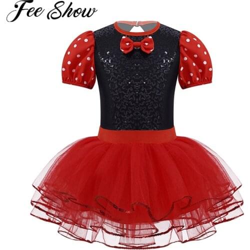 Red Cute Kids Girls Tulle Princess Party Dress Short Puff Sleeves Sequins Mini Dress Layered Mesh Tutu Cosplay Costumes Bowknot