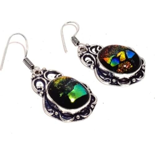 Fancy Dichroic Glass , Silver Overlay on Copper Earrings ,50 mm , E4516