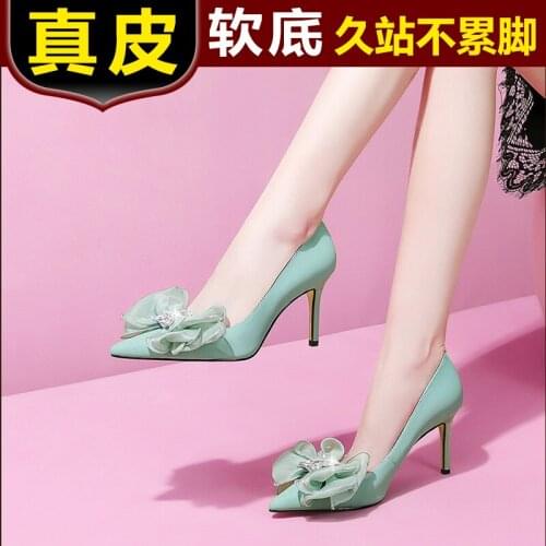 Spring new green all-match stiletto heel pointed bow daily shoes banquet dress fresh and fashionable womens single shoes