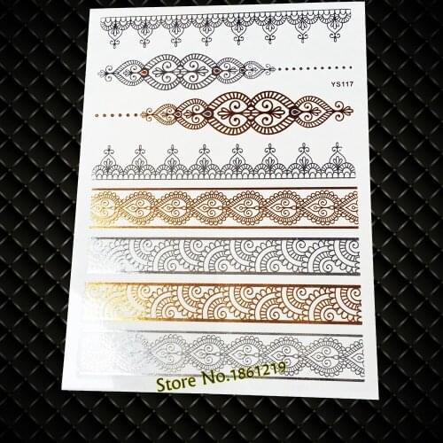 New Women Henna Body Art Gold Silver Tattoo Sleeve GYS117 Indian Chain Bracelets Lace Design Flash Metallic Tattoos Fake Jewelry
