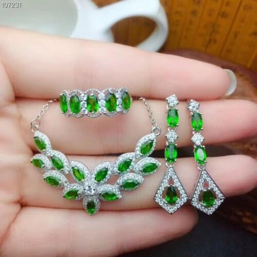Charming clear green Diopside gemstone ring earrings and necklace jewelry set with golden silver 2