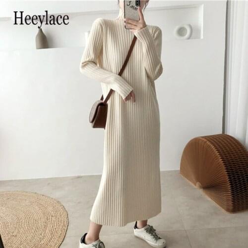 Autumn Winter Turtleneck Knitting Womens Sweater Dresses 2021 New High Waist Long Sleeve Loose Straight Midi Dress Female