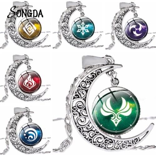 Anime Genshin Impact Symbols Moon Necklaces Convex Art Glass Photo Pendant Choker Collar Accessories For Fans Women Jewelry Gift
