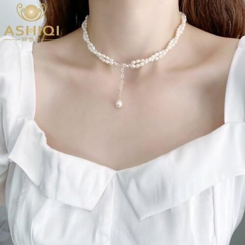 ASHIQI Natural Freshwater Pearl Double Necklace 925 Sterling Silver Womens Fashion Jewelry