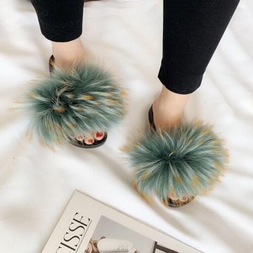 Plush Furry Real Nature Raccoon Fur Slides Sandal For Women Comfort With Feathers Furry Slippers With Real Raccoon Fur Wholes