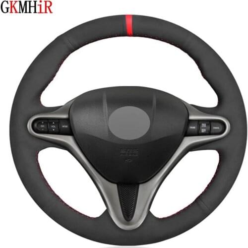 DIY Hand-stitched Black Genuine Leather Suede Car Steering Wheel Cover For Honda Civic Civic 8 2006-20011 (3-Spoke)