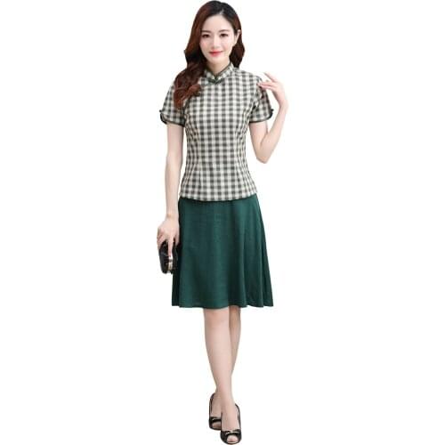 Shanghai Story Chinese Traditional Clothing Set Short Sleeve Cotton Linen Lattice Cheongsam Top(Plaid Blouse) + Skirt For Woman