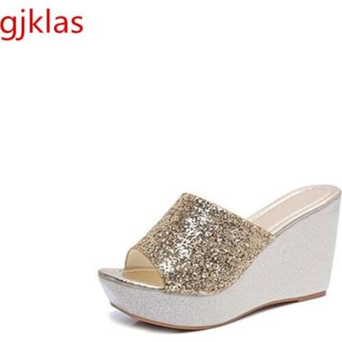 Bling Wedges Shoes for Women High Heels Slippers Casuales Ladies Shoes Fashion Beach Shoes Women Thick Platform Slippers Summer