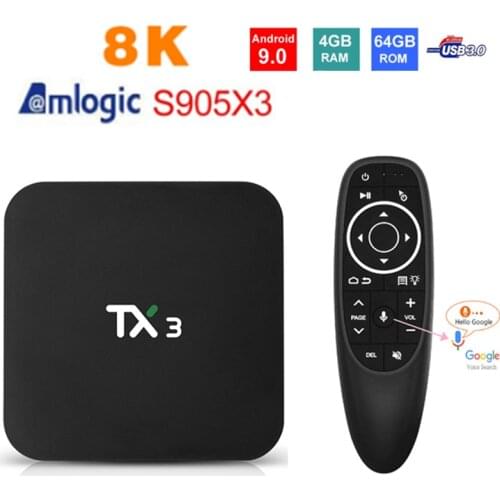 Tx3 android 9.0 caixa de tv amlogic s905x3 h.265 8k hdr 2.4g/5ghz wifi duplo 4g 32g/64g wifi 8k bluetooth google play youtub g10