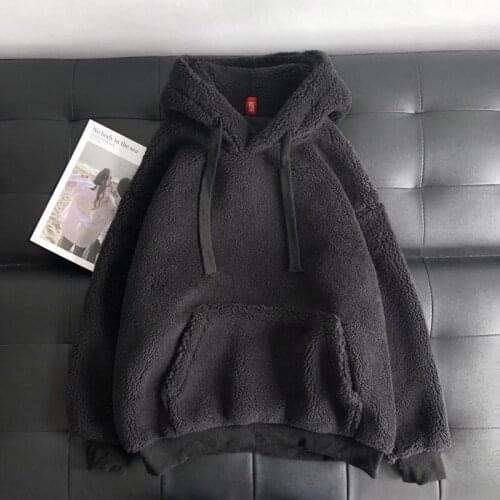 Winter New Warm Lamb Velvet Women Hoodie Thick Solid Color Drawstring Harajuku High Street Loose Black Pullover Tops Sweatshirt